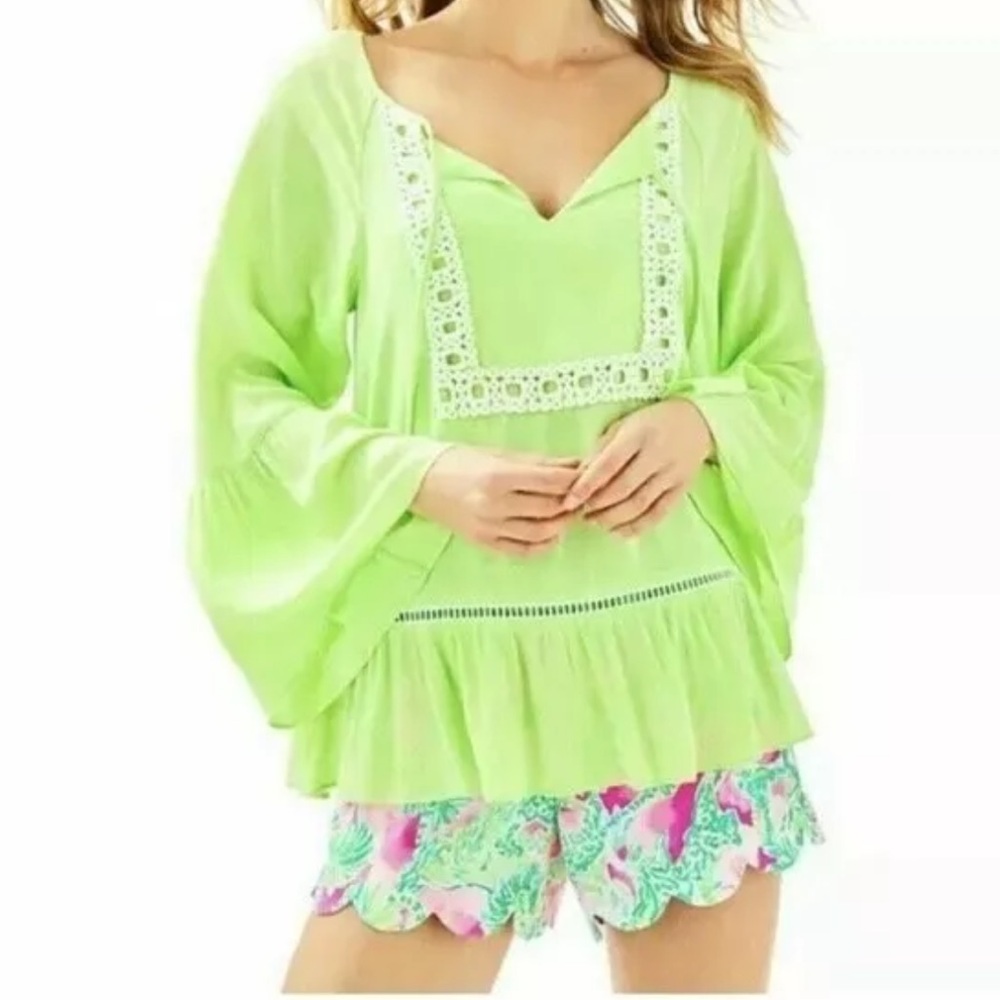 Lilly Pulitzer Amisa Mermaid Green Long Bell Sleeve Peasant Blouse Size S
